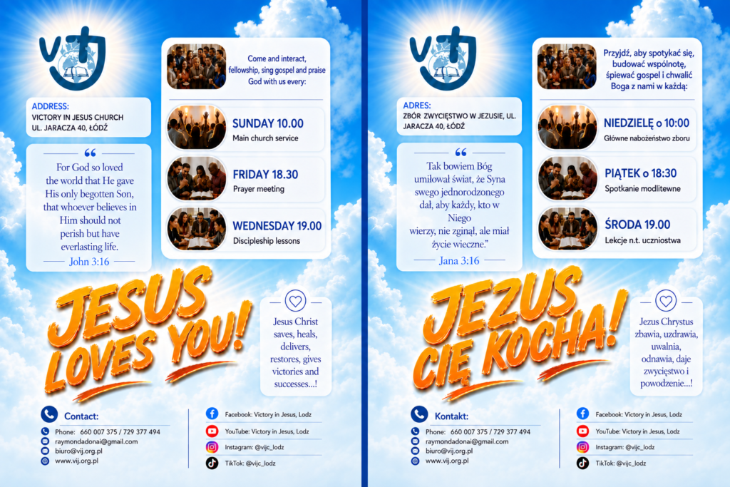English and Polish Victory in Jesus Church Łódź invitation flyers side by side, with weekly meeting times and contact details.